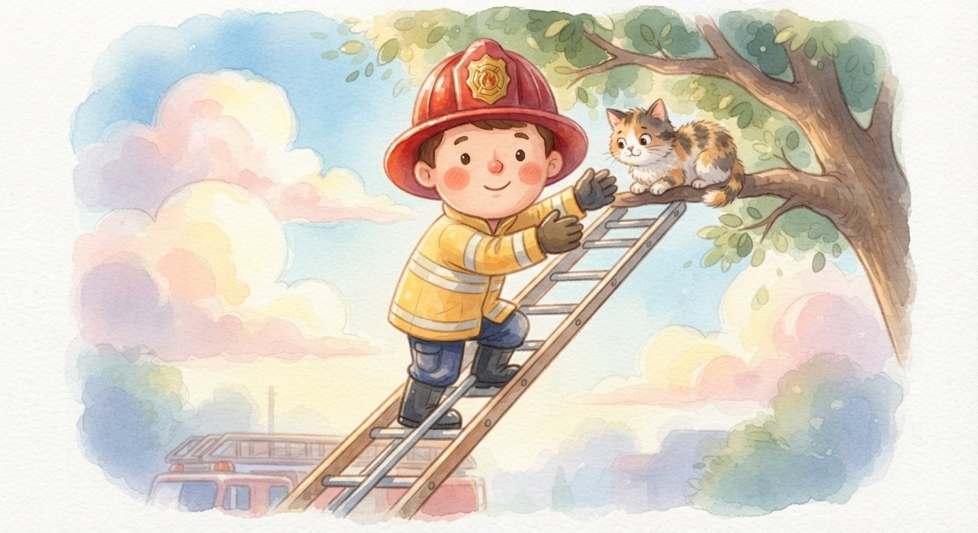 A friendly firefighter helping a little cat in a tree